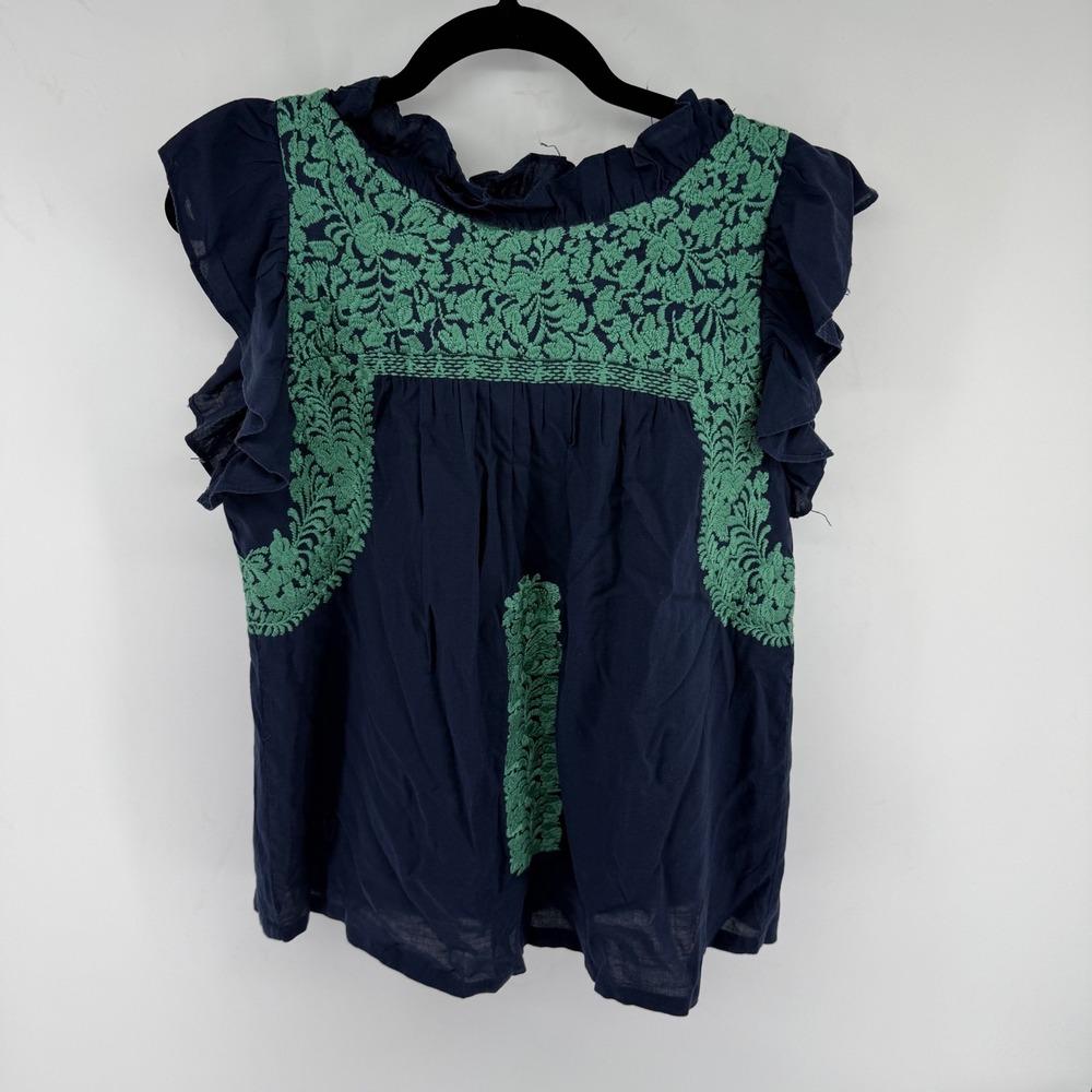 J. Marie Navy Blue Green Floral Embroidered Ruffle Flutter Sleeve Boho Top Small